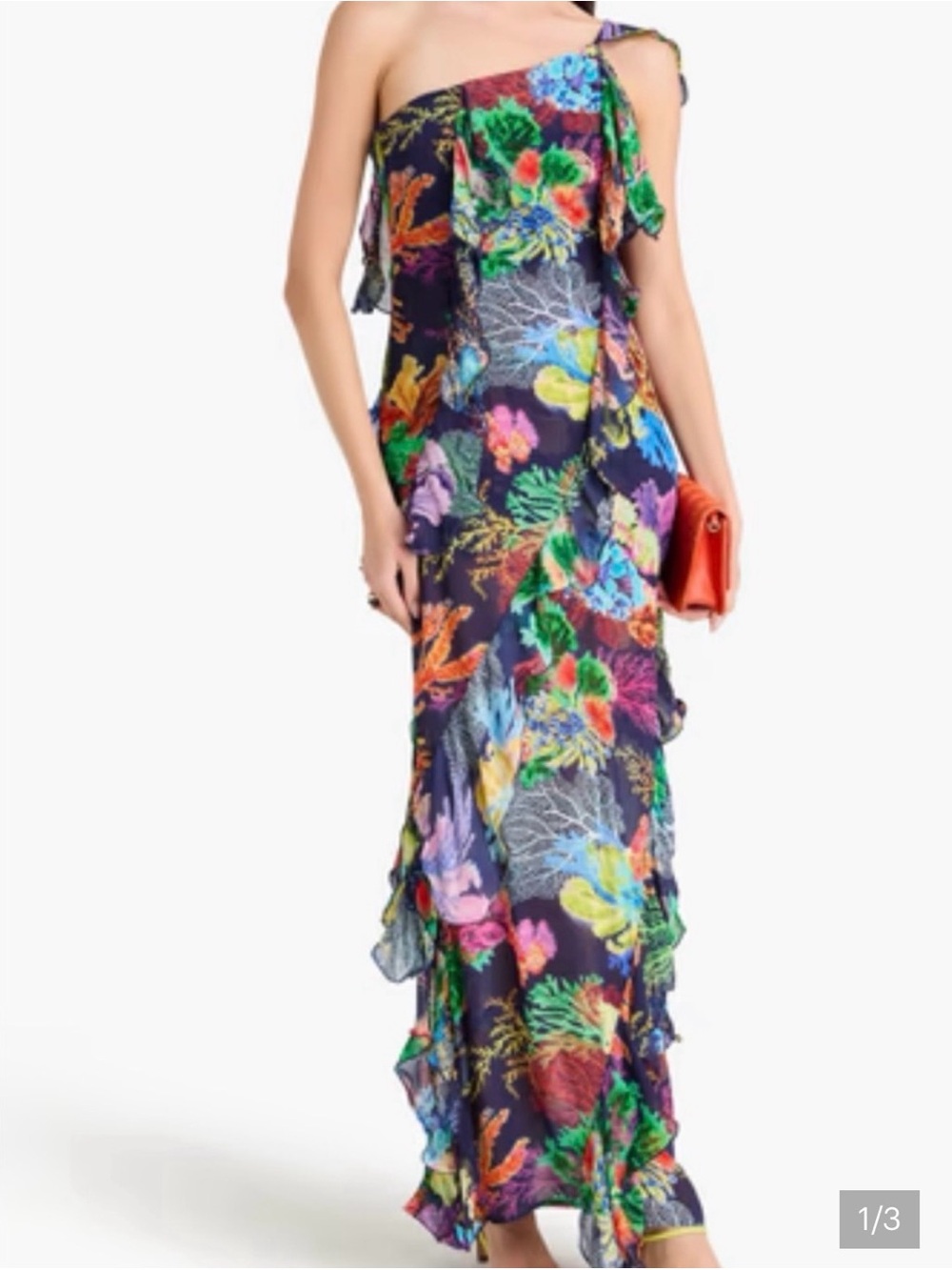 Farm Rio One-Shoulder Navy Coral Garden Ruffle Maxi Dress